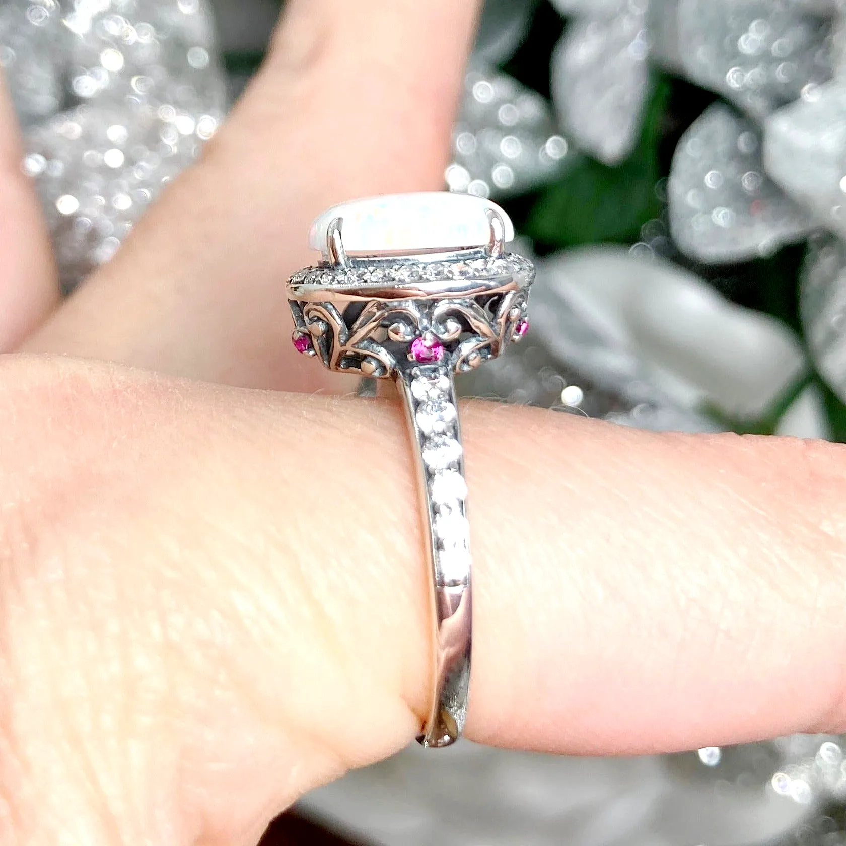 Opal Halo Ring, Size 6.5, White CZ Gems, Art Deco Sterling Silver Filigree #D228 - Ready to Ship