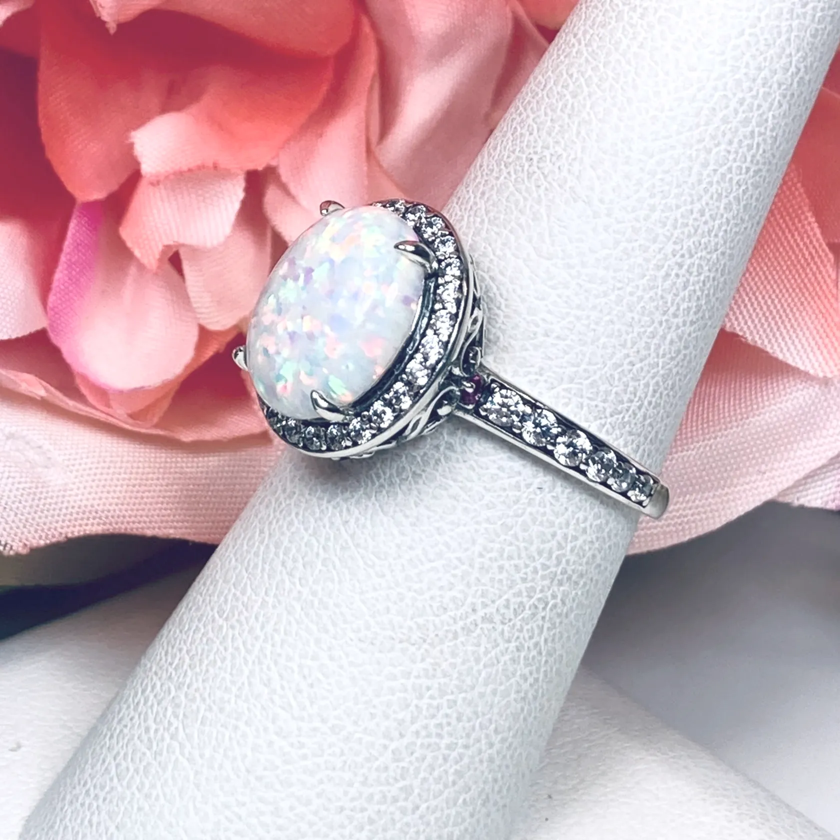 Opal Halo Ring, Size 6.5, White CZ Gems, Art Deco Sterling Silver Filigree #D228 - Ready to Ship