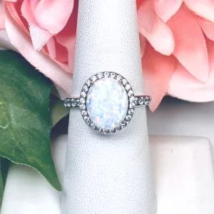 Opal Halo Ring, Size 6.5, White CZ Gems, Art Deco Sterling Silver Filigree #D228 - Ready to Ship