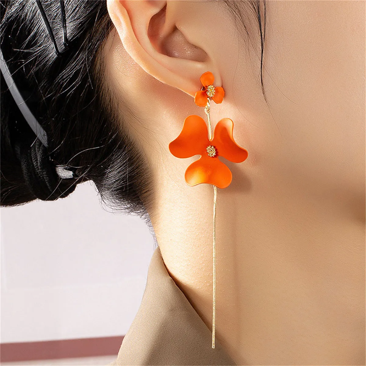Orange Enamel & 18K Gold-Plated Flower Tassel Drop Earrings