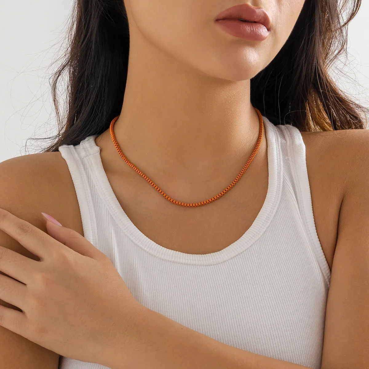 Orange Enamel & Silver-Plated Box Chain Necklace
