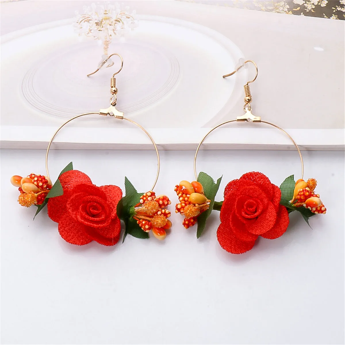 Orange Lace & 18K Gold-Plated Resin Flower Drop Earrings