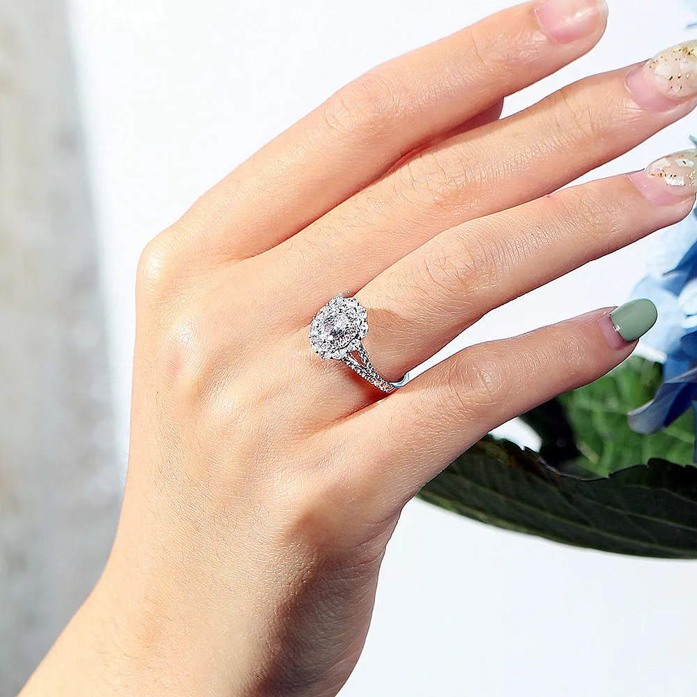 Oval Cut GIA Diamond Flower Halo Engagement Ring