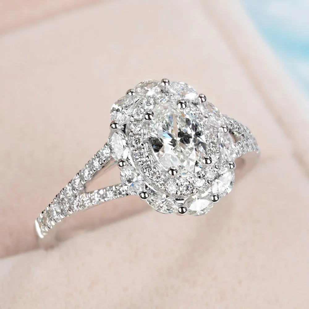 Oval Cut GIA Diamond Flower Halo Engagement Ring