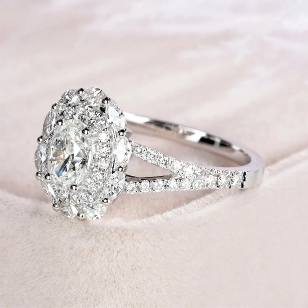 Oval Cut GIA Diamond Flower Halo Engagement Ring