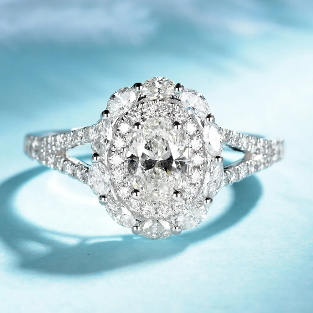 Oval Cut GIA Diamond Flower Halo Engagement Ring