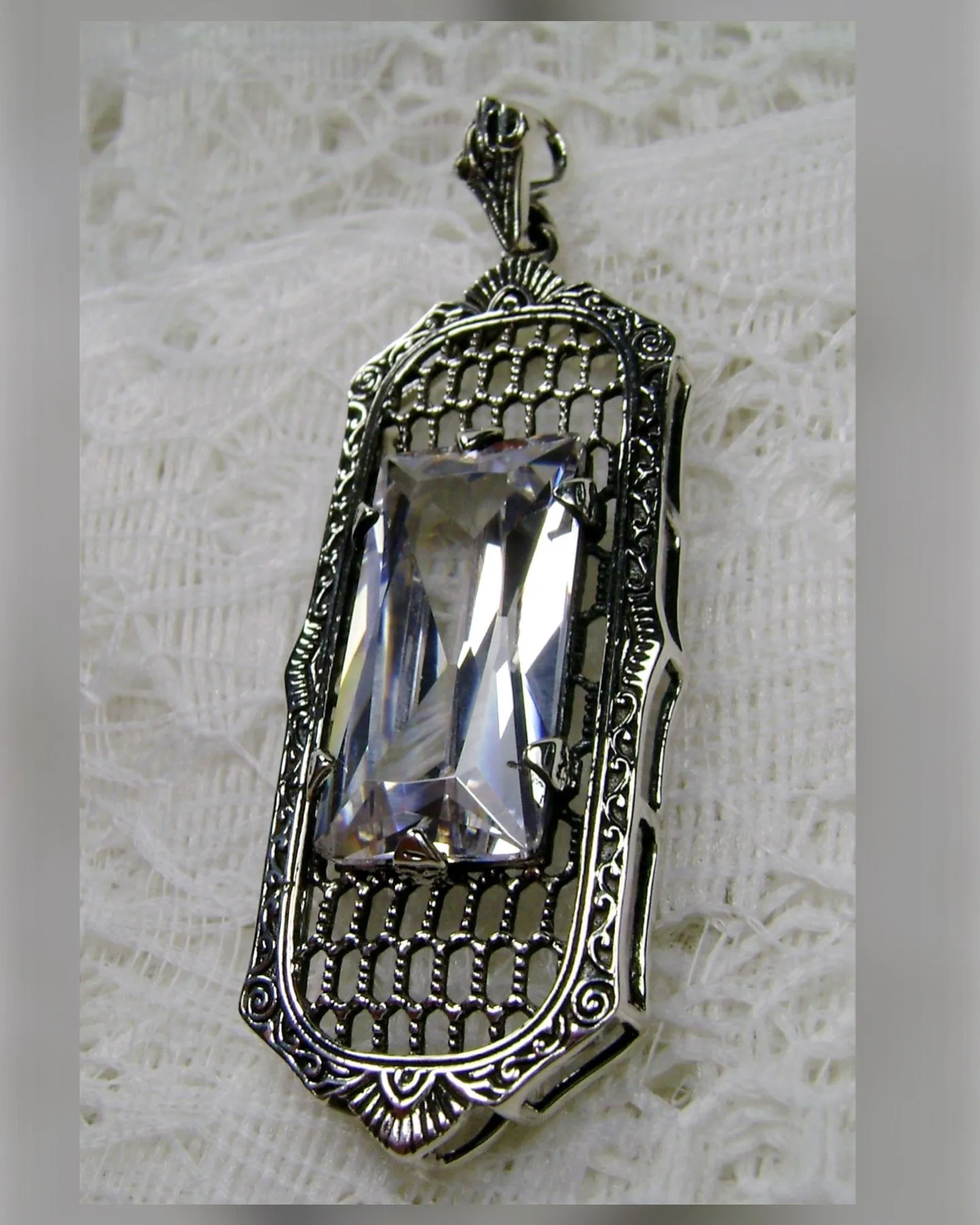 P16, Art Deco Pendant, Baguette Gem, 1930s Reproduction Jewelry, Baguette P16