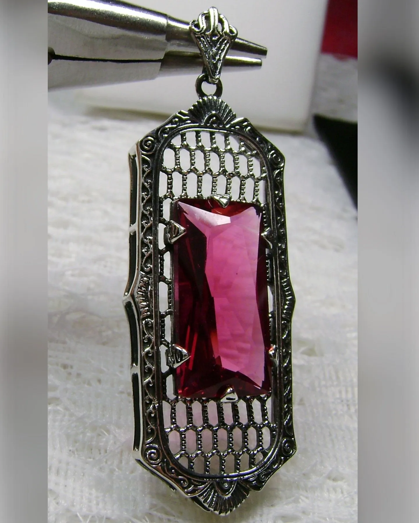 P16, Art Deco Pendant, Baguette Gem, 1930s Reproduction Jewelry, Baguette P16
