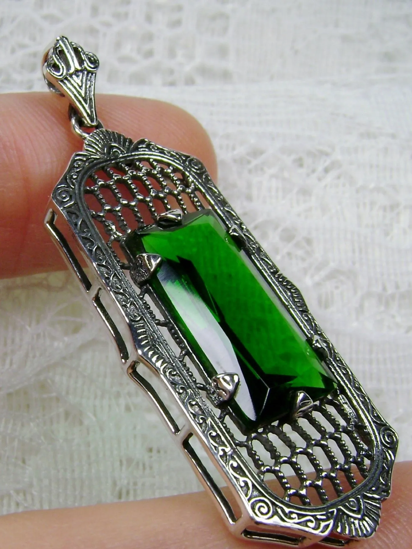 P16, Art Deco Pendant, Baguette Gem, 1930s Reproduction Jewelry, Baguette P16