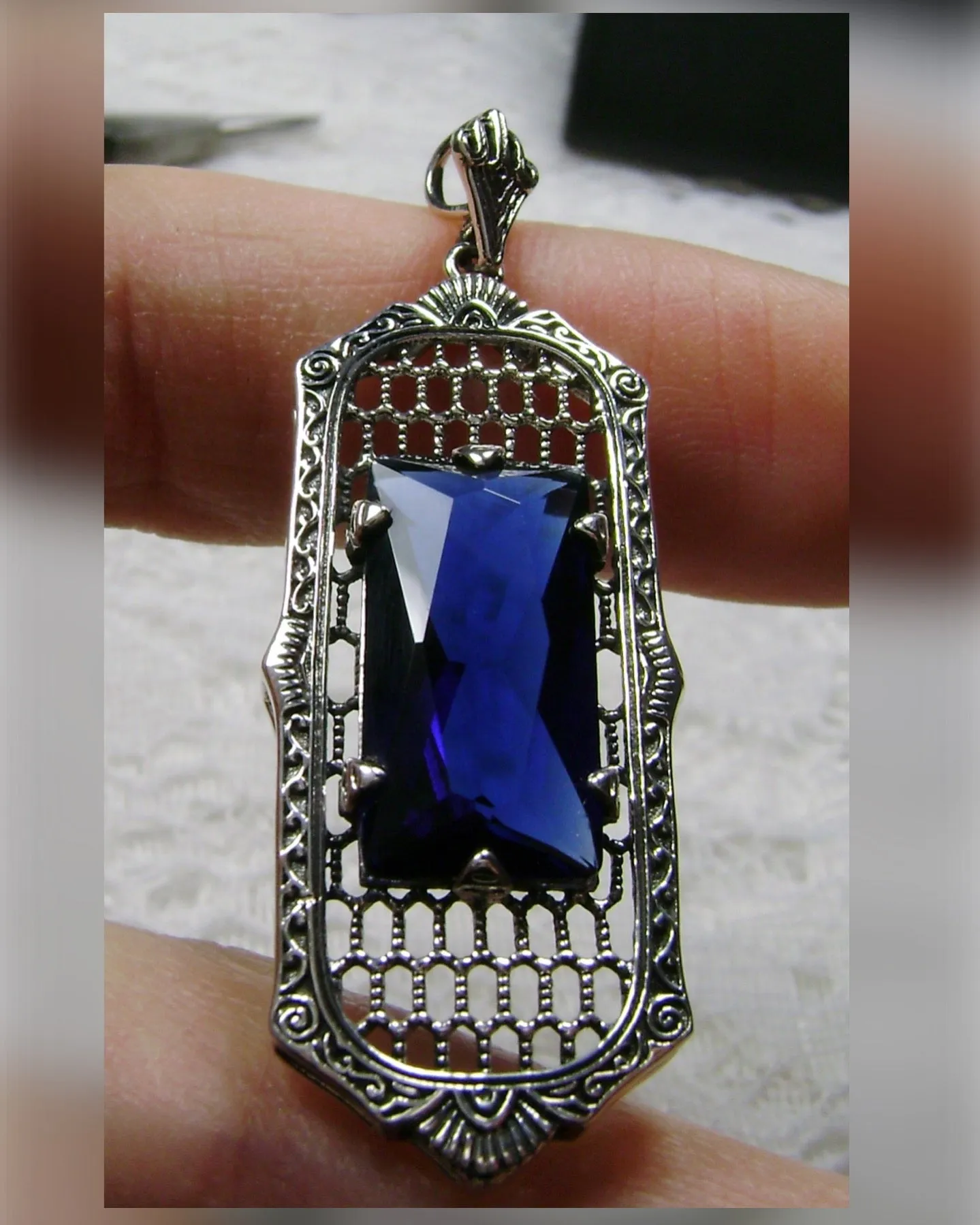 P16, Art Deco Pendant, Baguette Gem, 1930s Reproduction Jewelry, Baguette P16