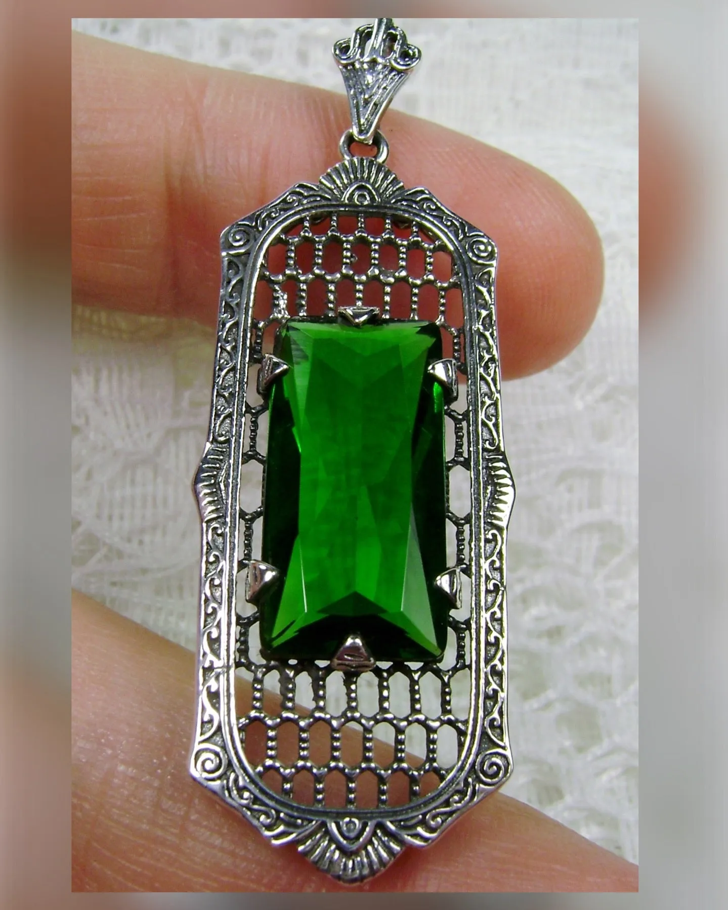P16, Art Deco Pendant, Baguette Gem, 1930s Reproduction Jewelry, Baguette P16