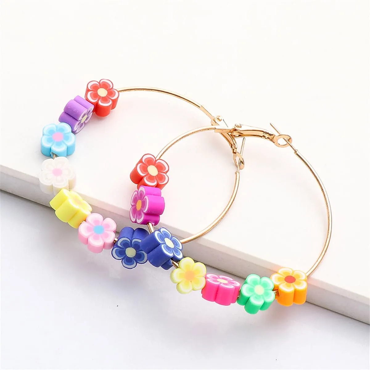 Pastel & 18K Gold-Plated Flowers Hoop Earrings
