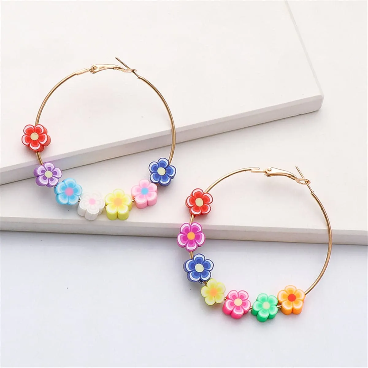 Pastel & 18K Gold-Plated Flowers Hoop Earrings