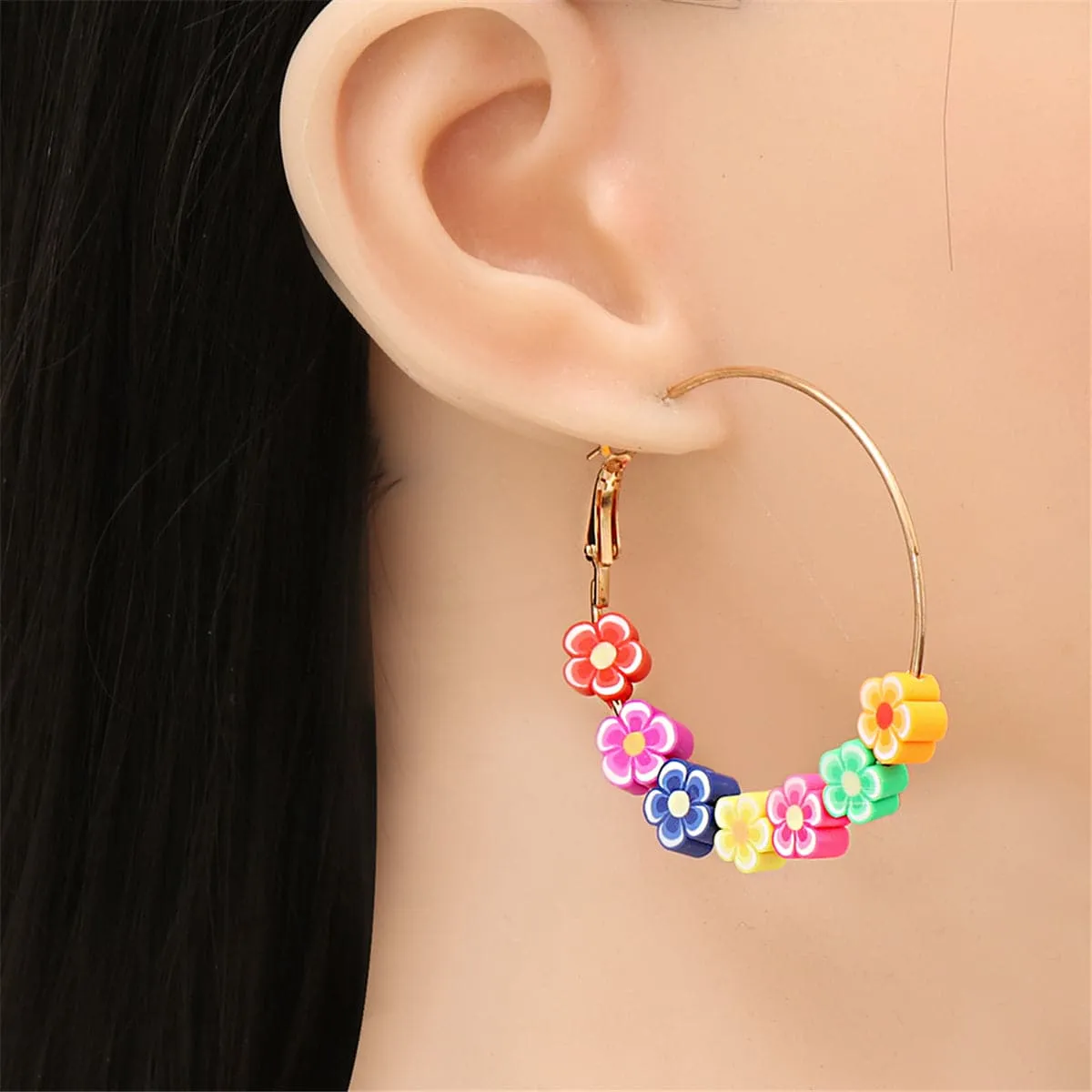 Pastel & 18K Gold-Plated Flowers Hoop Earrings