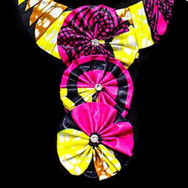 Patterned Fabric Pink, Yellow, Blue Triple Flower Necklace