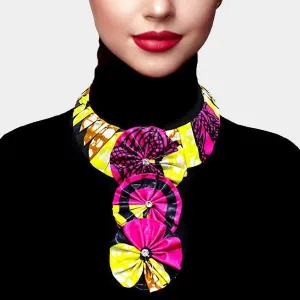 Patterned Fabric Pink, Yellow, Blue Triple Flower Necklace
