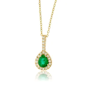 Pear Shaped Emerald Pendant with Diamond Halo