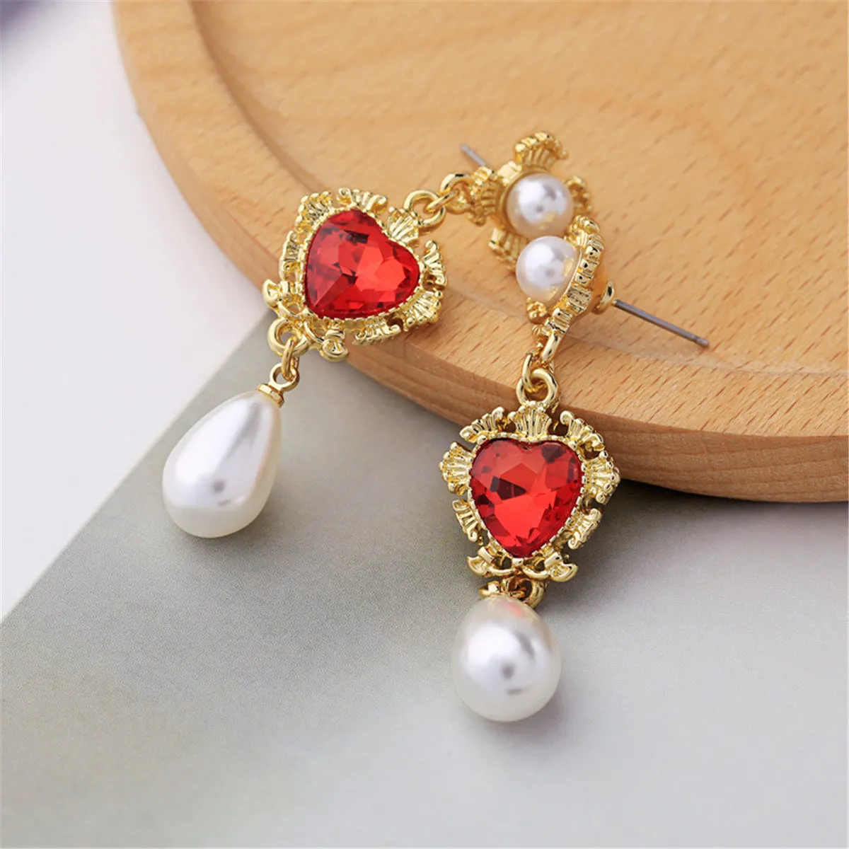 Pearl & Red Crystal 18K Gold-Plated Heart Drop Earrings