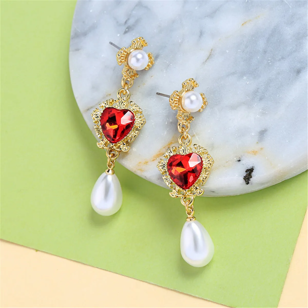 Pearl & Red Crystal 18K Gold-Plated Heart Drop Earrings