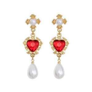 Pearl & Red Crystal 18K Gold-Plated Heart Drop Earrings