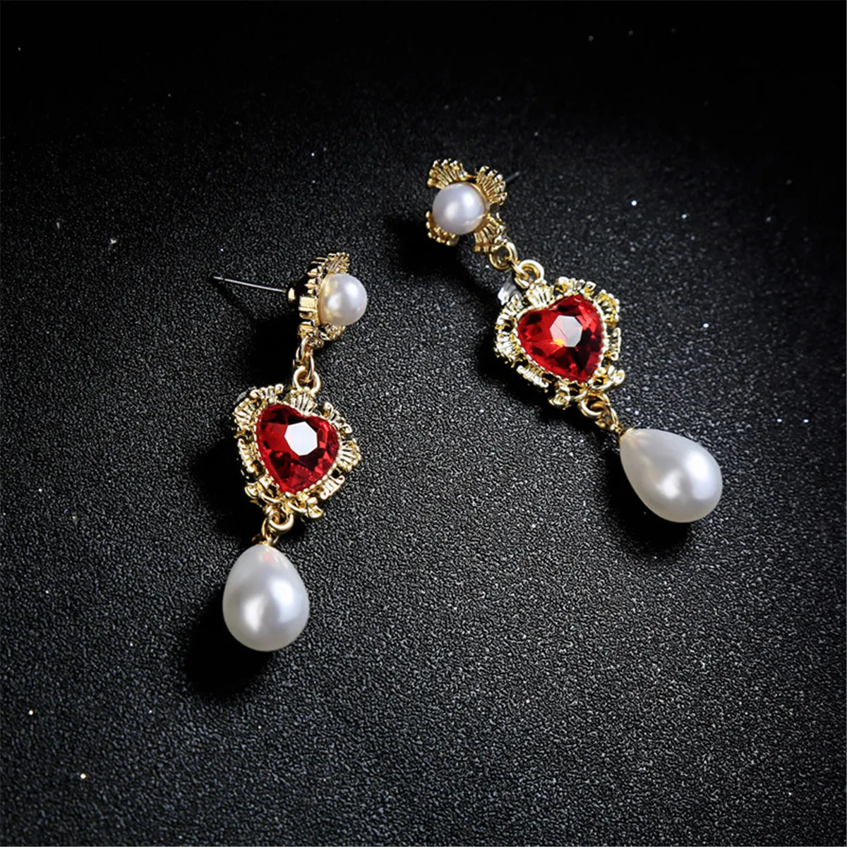 Pearl & Red Crystal 18K Gold-Plated Heart Drop Earrings