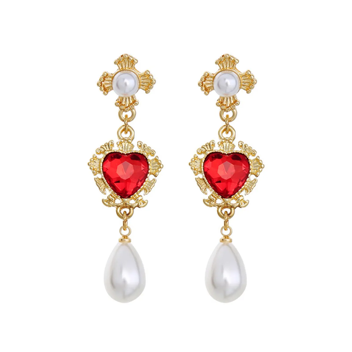 Pearl & Red Crystal 18K Gold-Plated Heart Drop Earrings