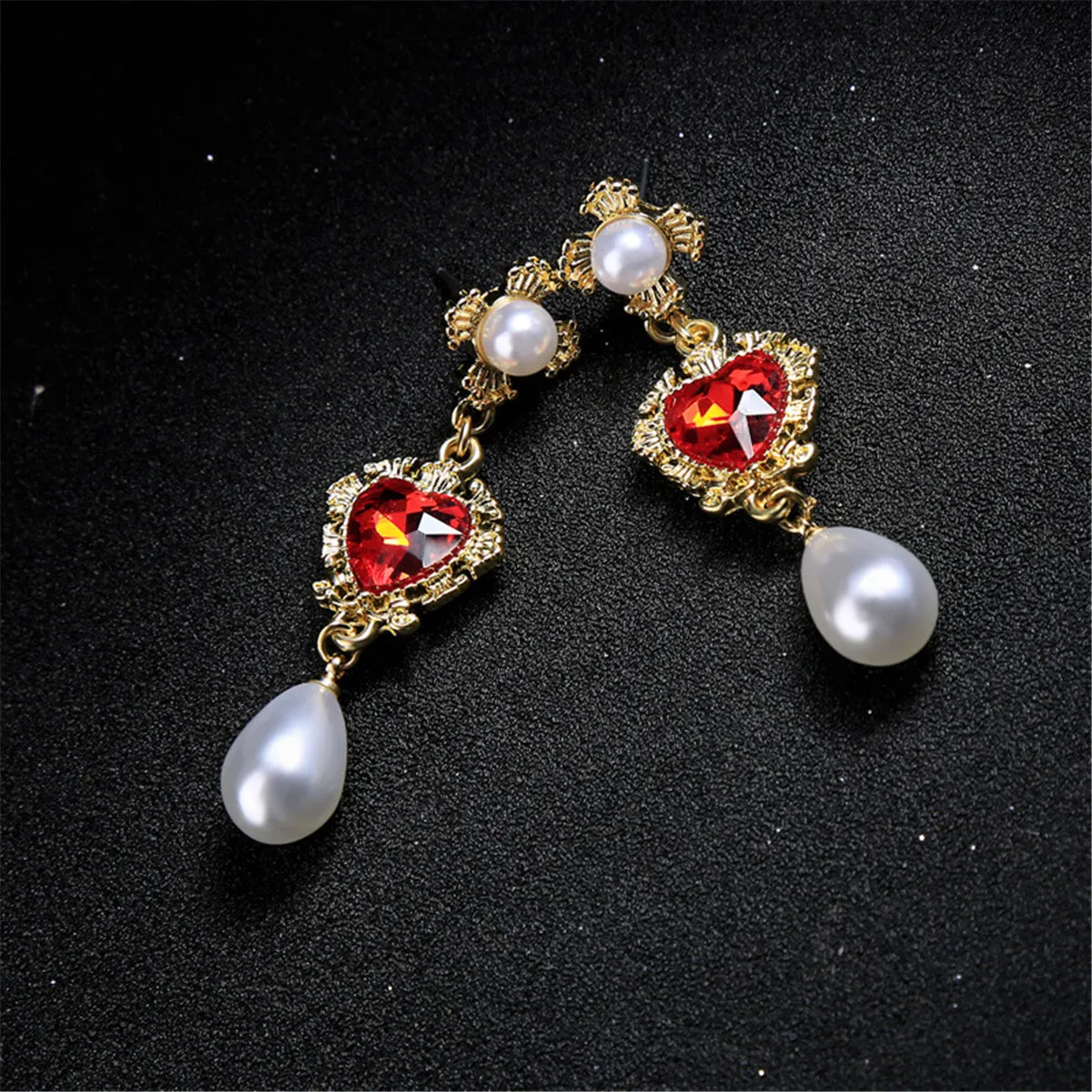 Pearl & Red Crystal 18K Gold-Plated Heart Drop Earrings