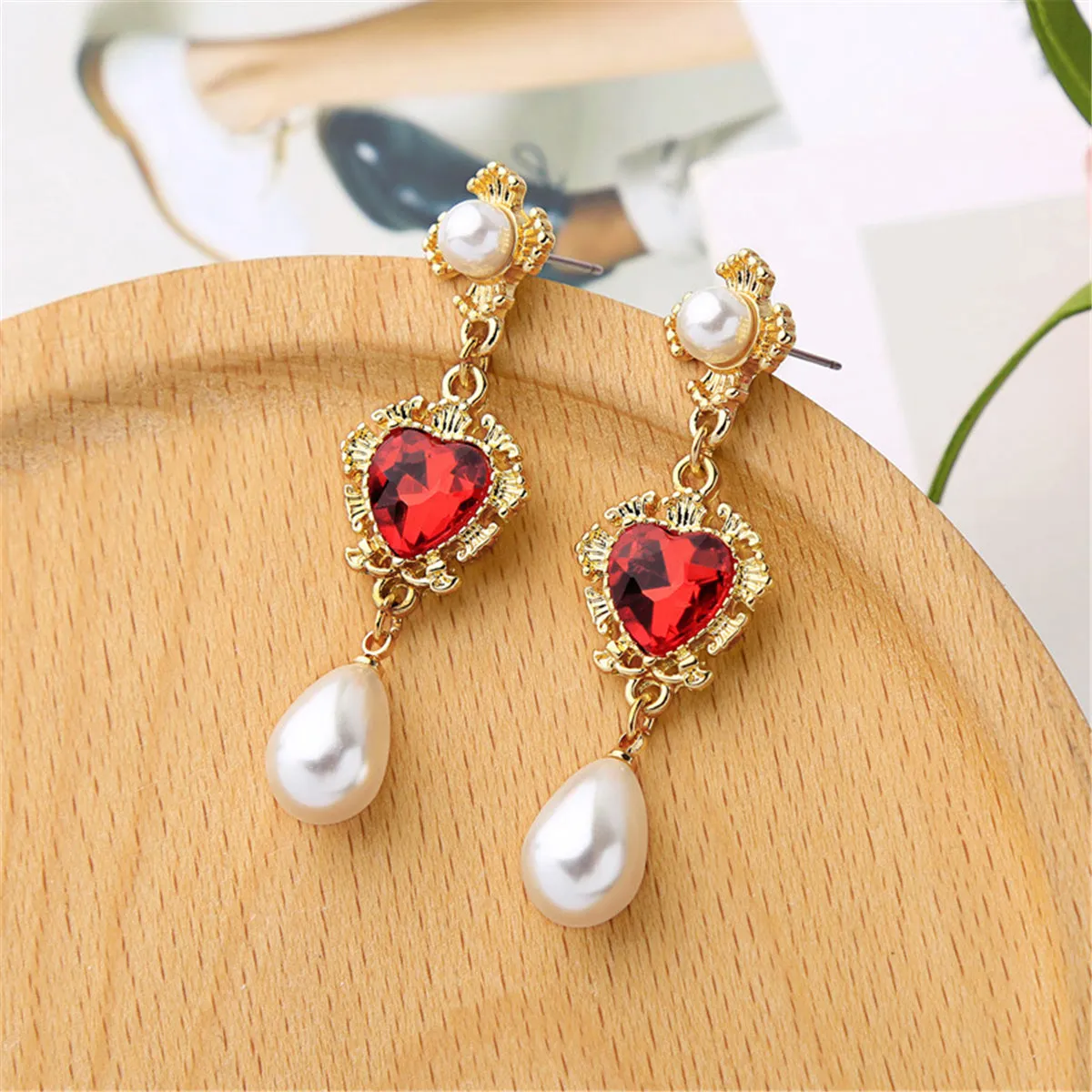 Pearl & Red Crystal 18K Gold-Plated Heart Drop Earrings