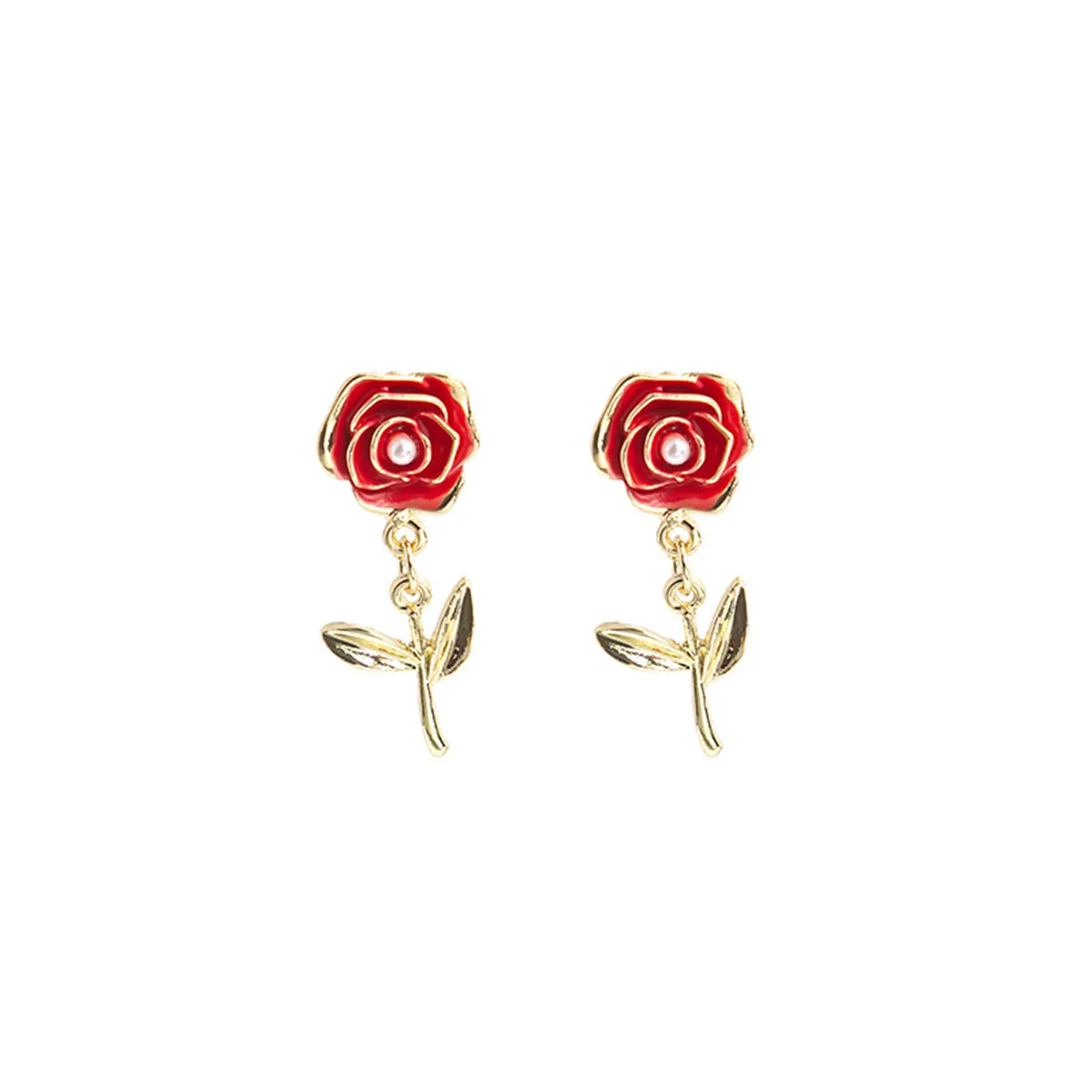 Pearl & Red Enamel 18K Gold-Plated Rose Drop Earrings