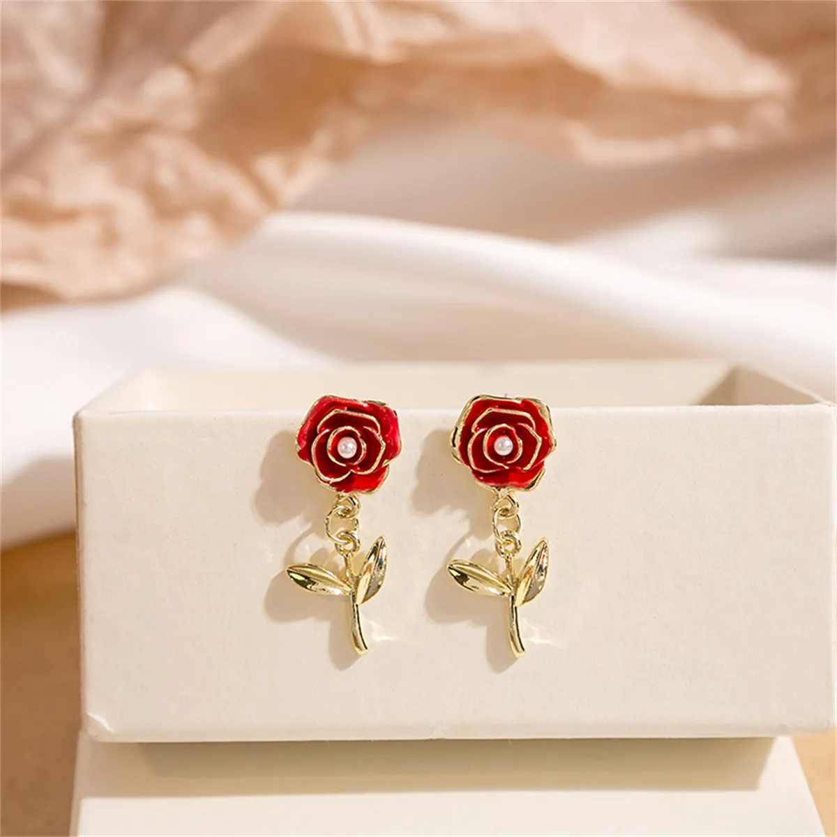Pearl & Red Enamel 18K Gold-Plated Rose Drop Earrings