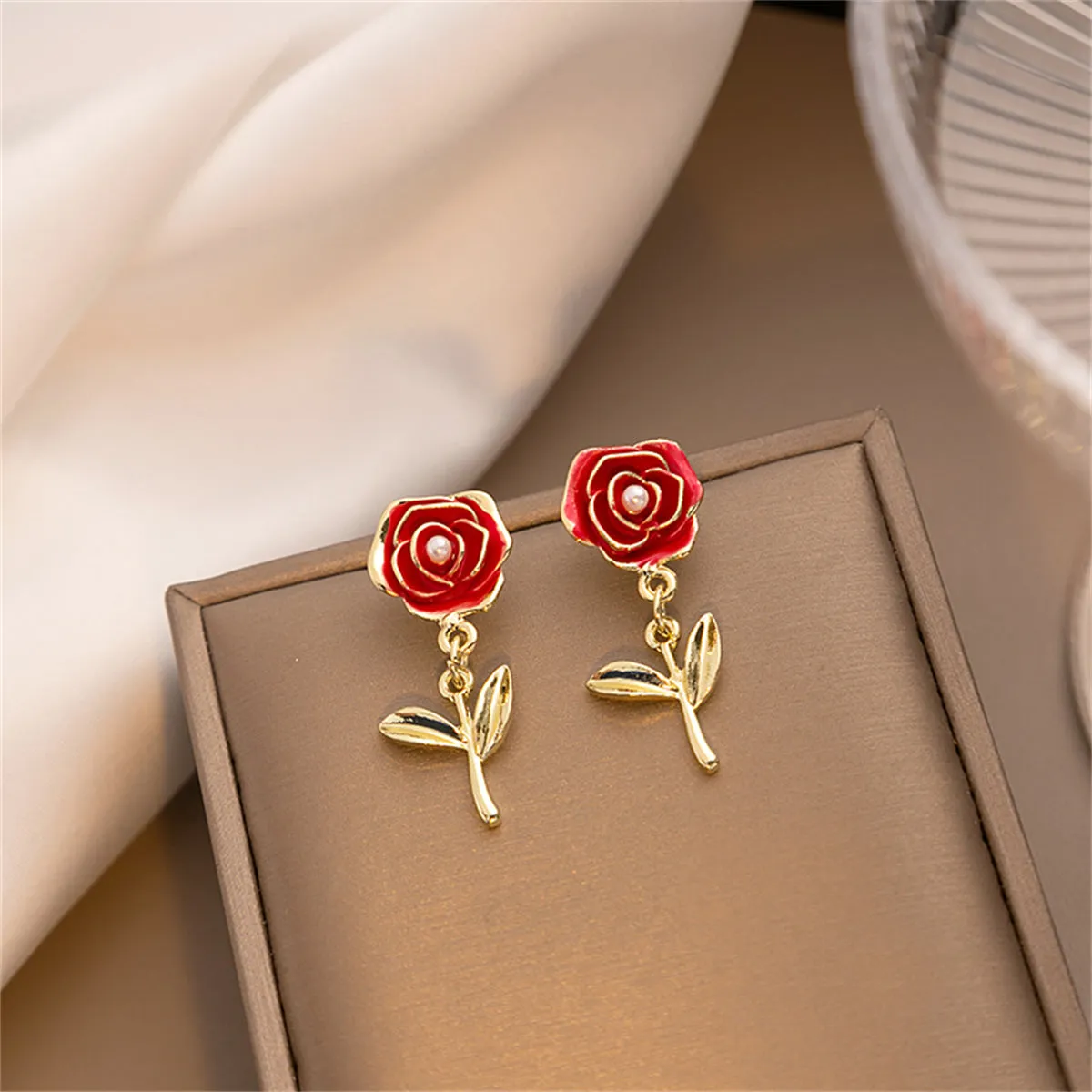 Pearl & Red Enamel 18K Gold-Plated Rose Drop Earrings