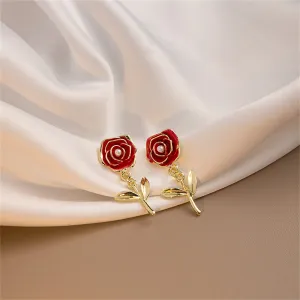Pearl & Red Enamel 18K Gold-Plated Rose Drop Earrings