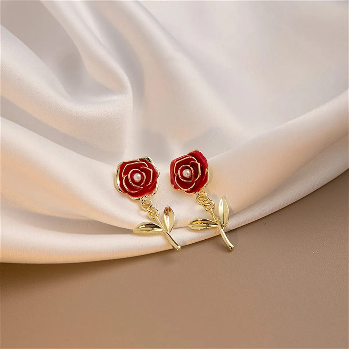 Pearl & Red Enamel 18K Gold-Plated Rose Drop Earrings
