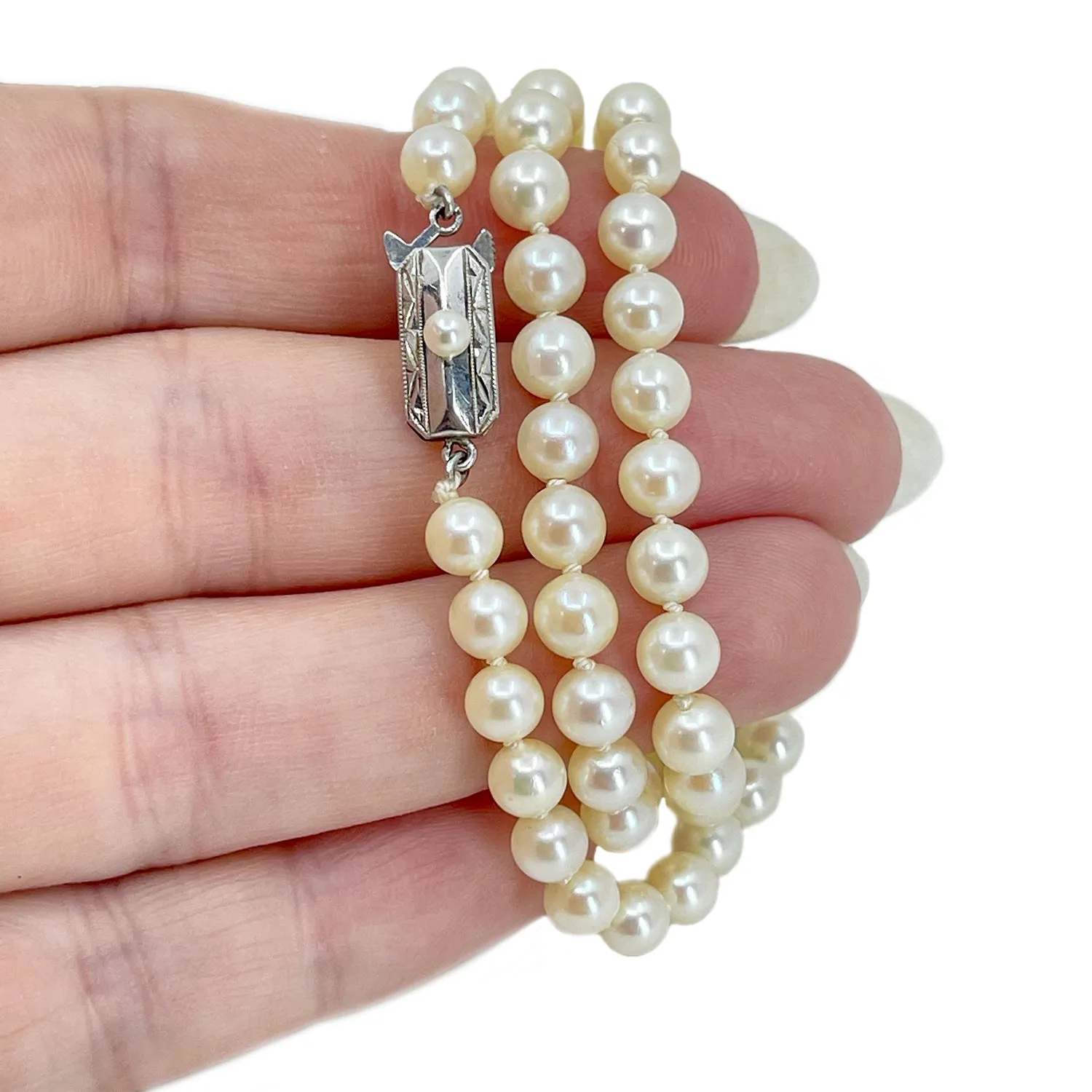 Petite Deco Japanese Saltwater Cultured Akoya Pearl Vintage Choker Necklace - Sterling Silver 16.25 Inch