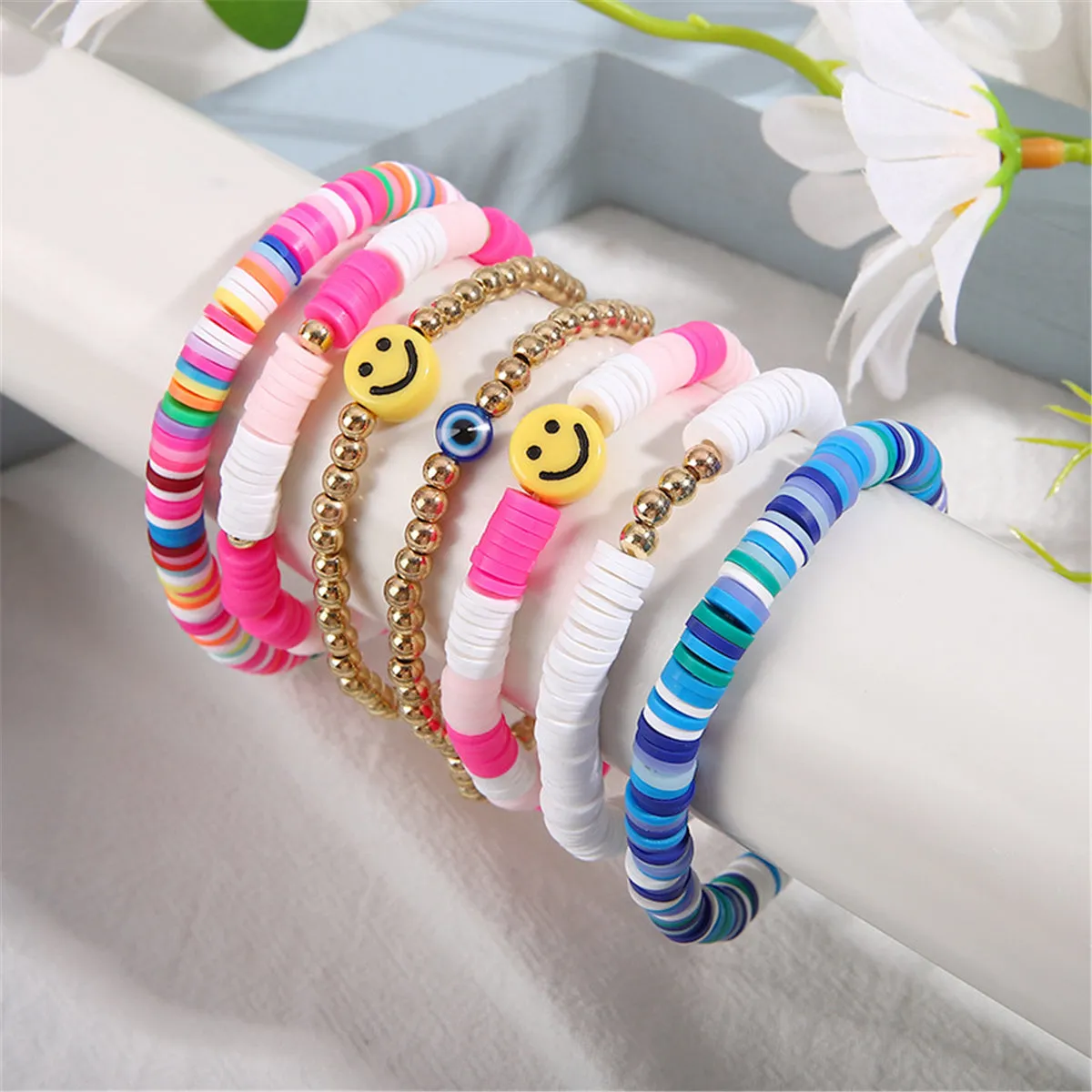 Pink & 18K Gold-Plated Multicolor Smiley Stretch Bracelet Set