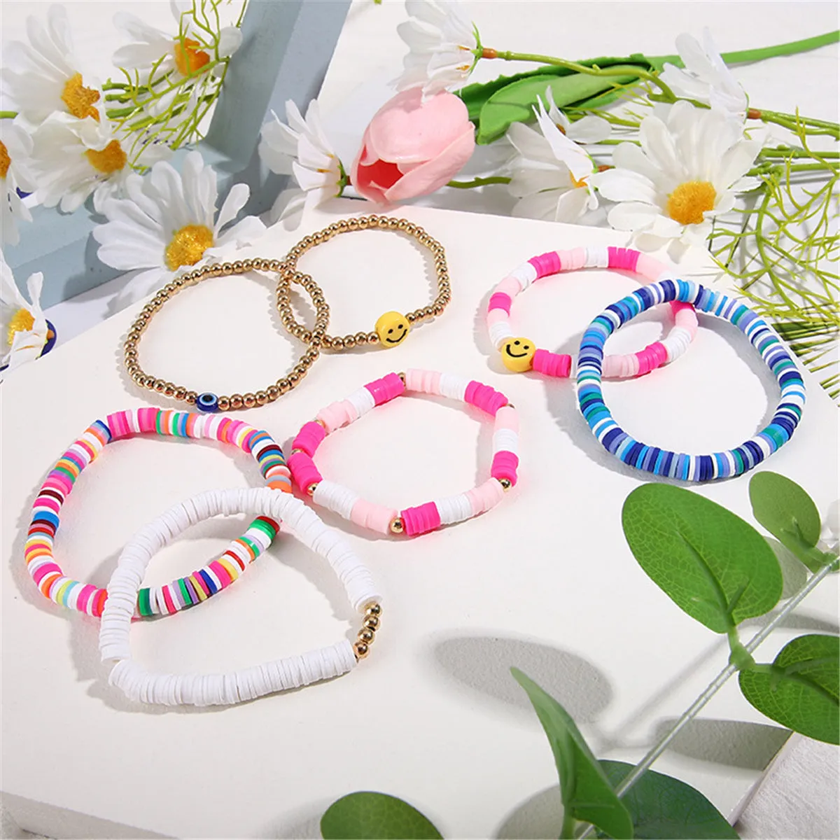 Pink & 18K Gold-Plated Multicolor Smiley Stretch Bracelet Set
