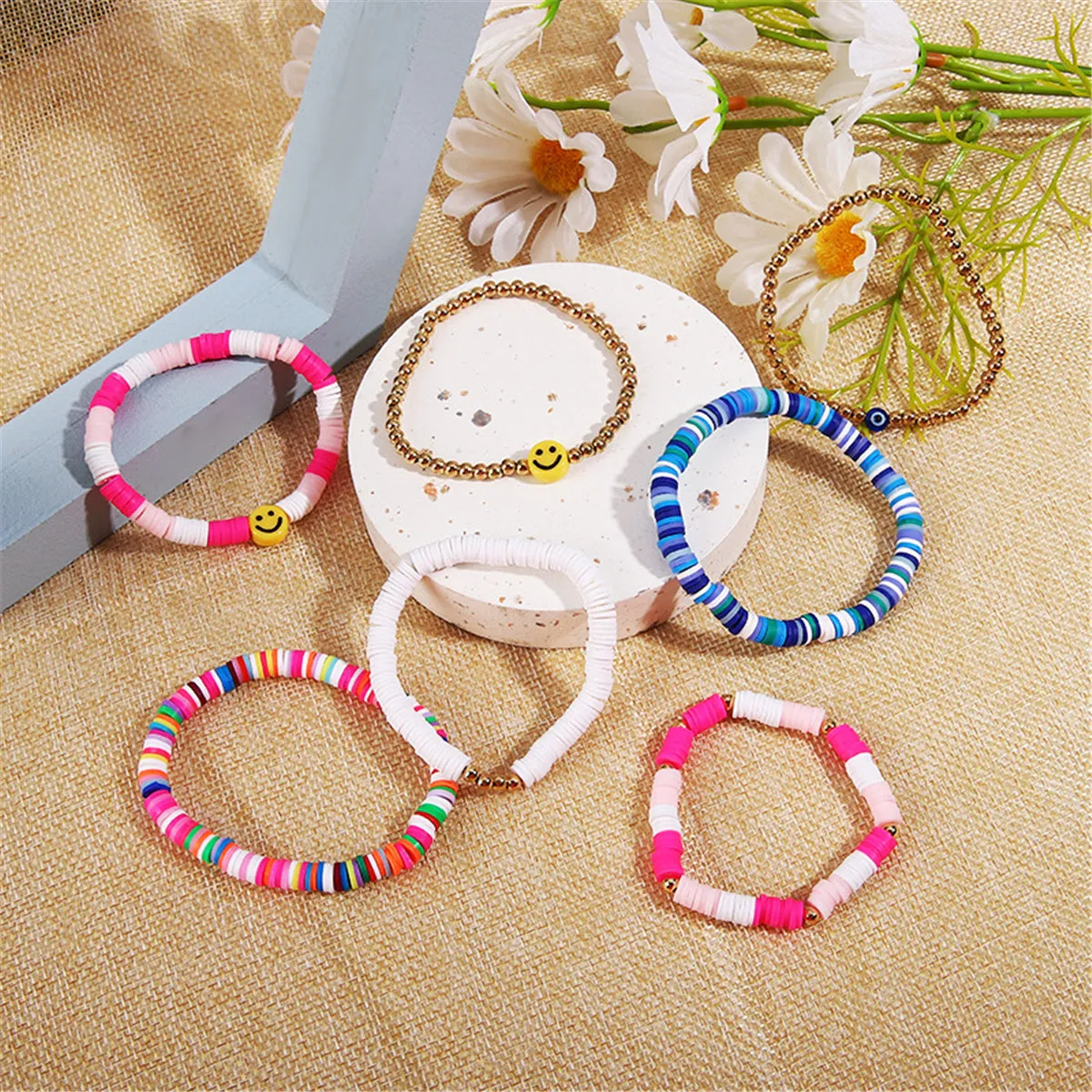 Pink & 18K Gold-Plated Multicolor Smiley Stretch Bracelet Set