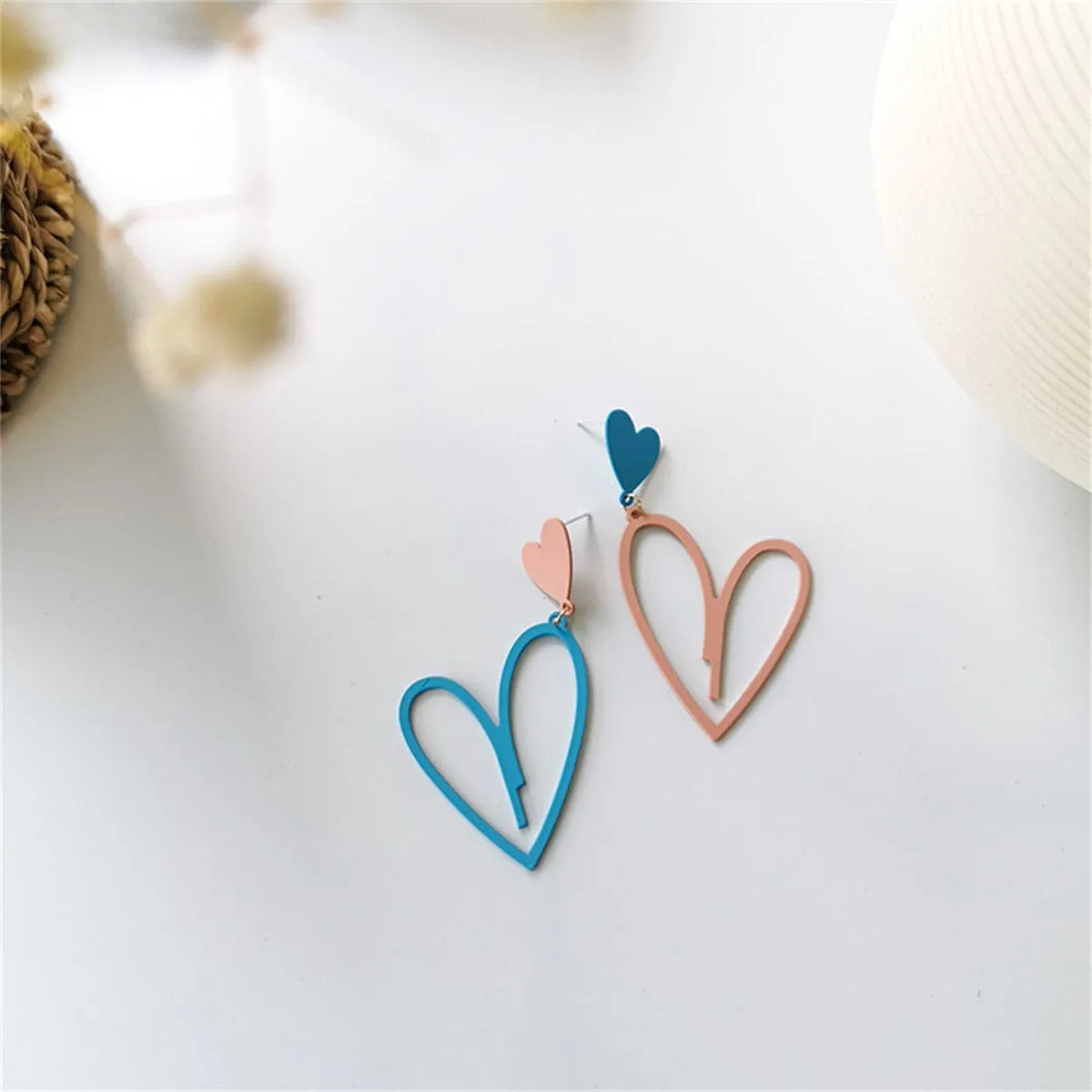 Pink & Blue Open Heart Drop Earrings