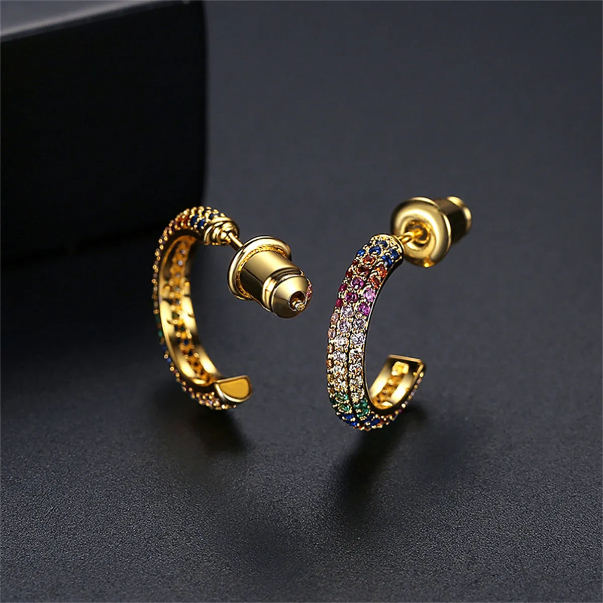 Pink & Green Rainbow Cubic Zirconia 18K Gold-Plated Huggie Earrings