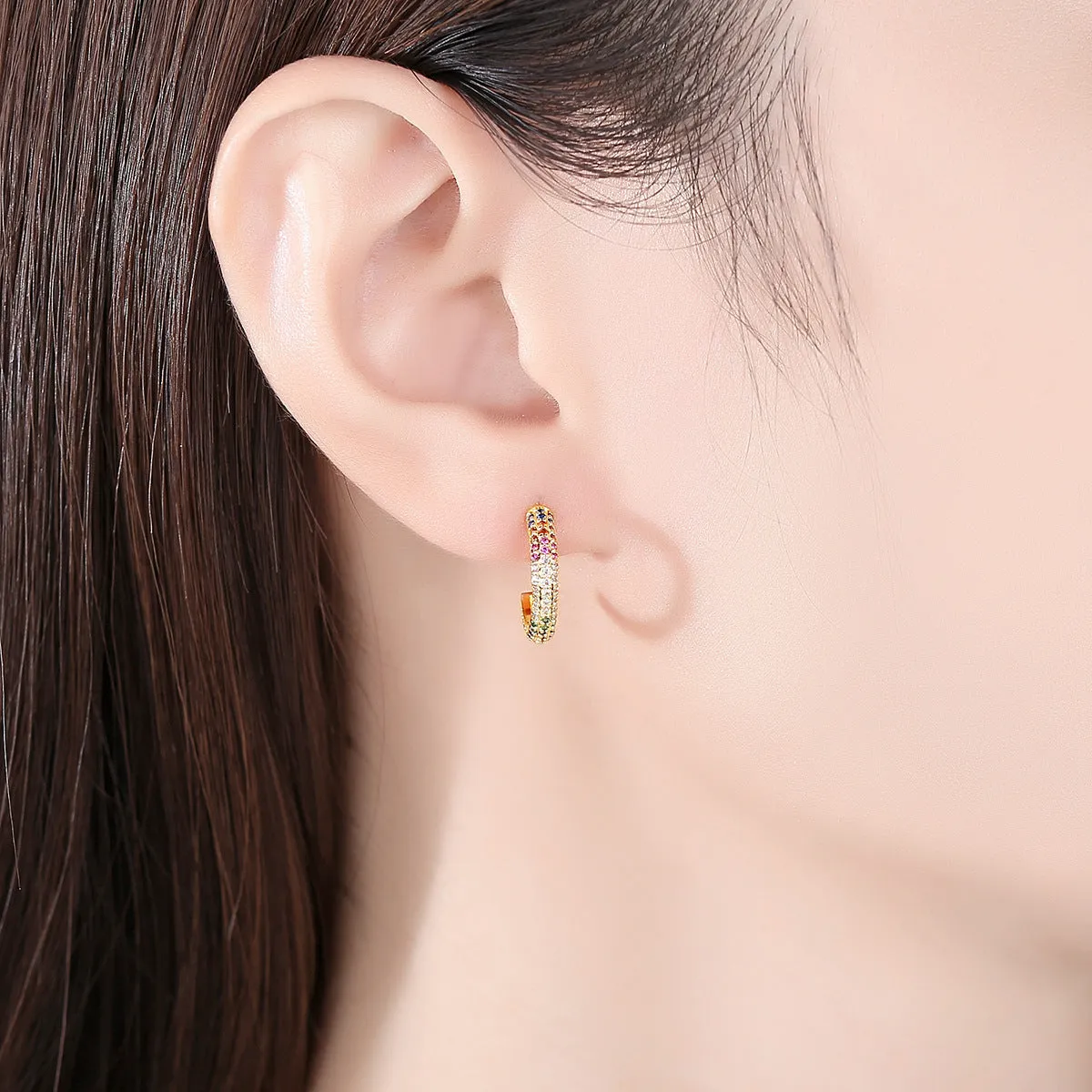 Pink & Green Rainbow Cubic Zirconia 18K Gold-Plated Huggie Earrings