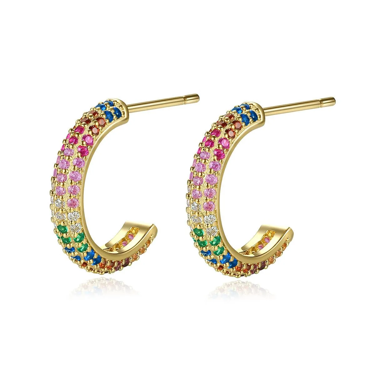 Pink & Green Rainbow Cubic Zirconia 18K Gold-Plated Huggie Earrings