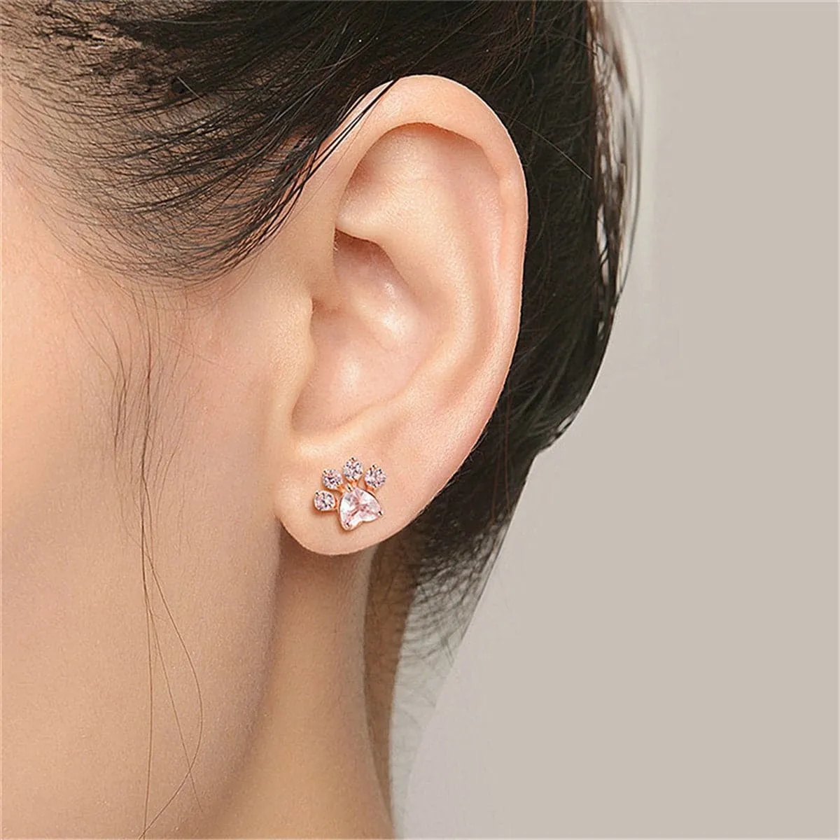 Pink Crystal & 18K Rose Gold-Plated Paw Print Stud Earrings
