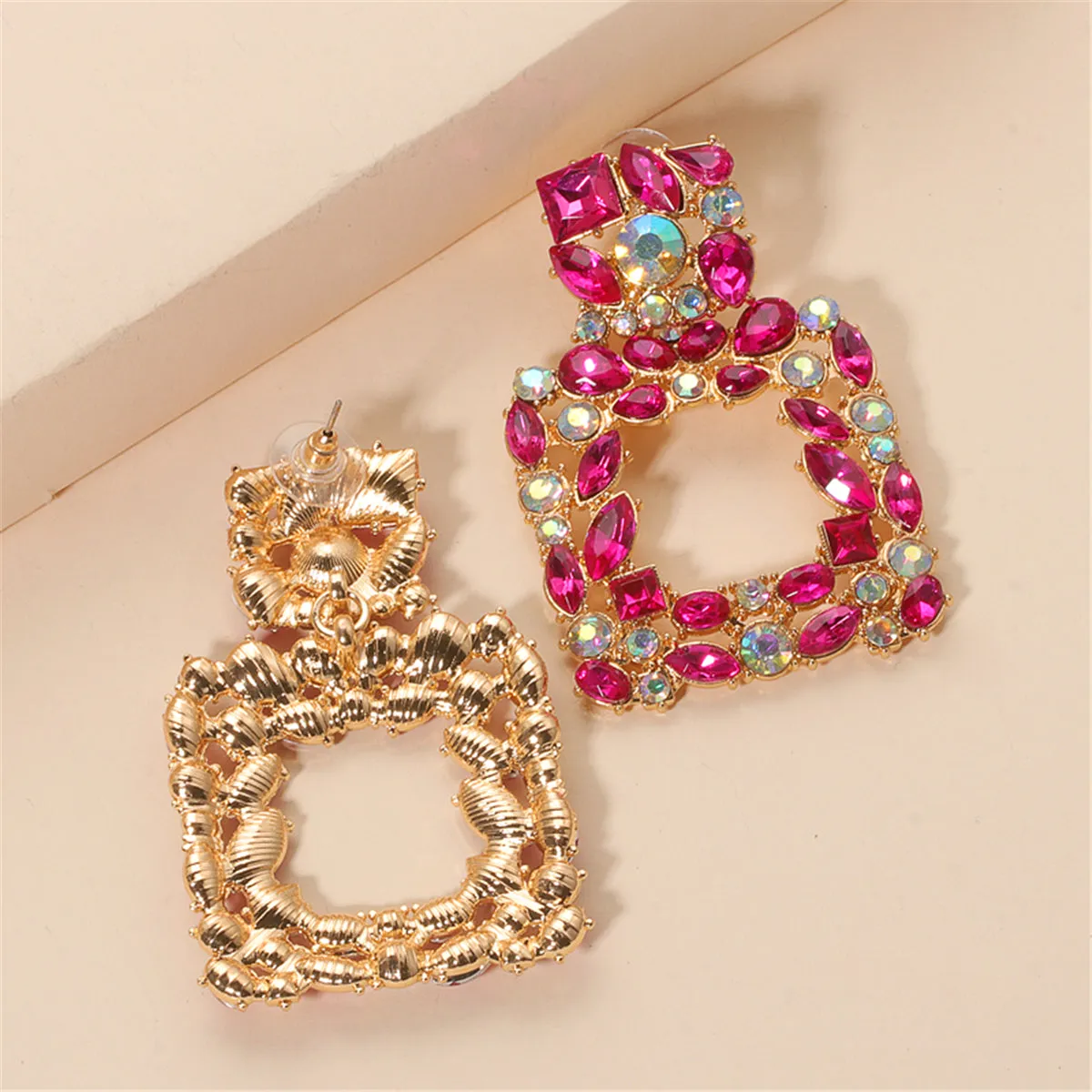 Pink Crystal & Cubic Zirconia Open Square Drop Earrings