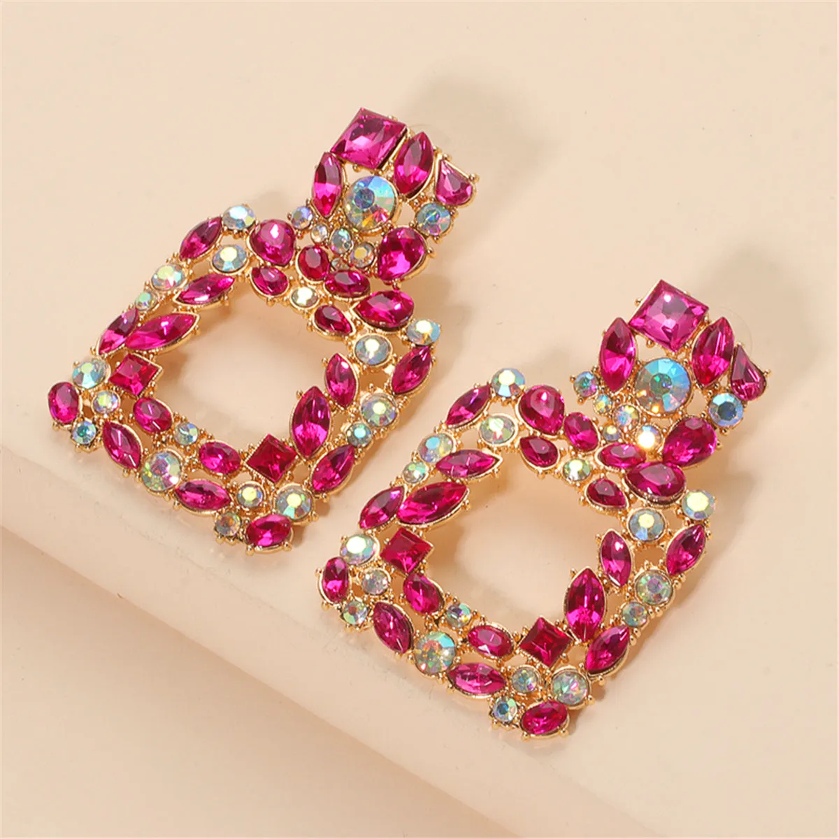Pink Crystal & Cubic Zirconia Open Square Drop Earrings