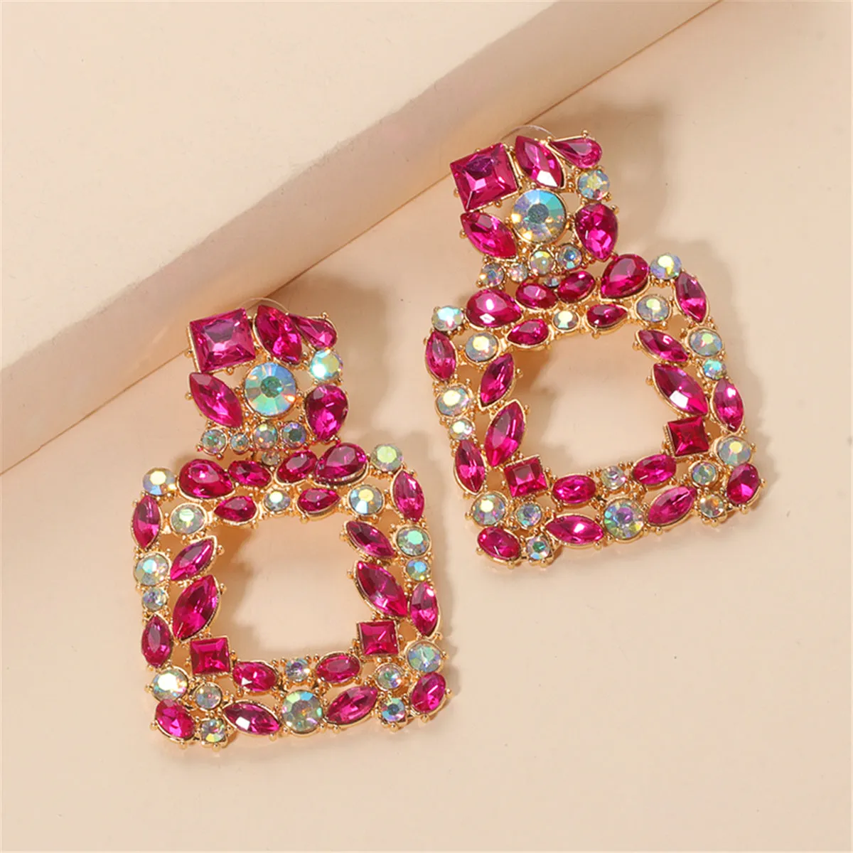 Pink Crystal & Cubic Zirconia Open Square Drop Earrings