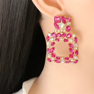 Pink Crystal & Cubic Zirconia Open Square Drop Earrings