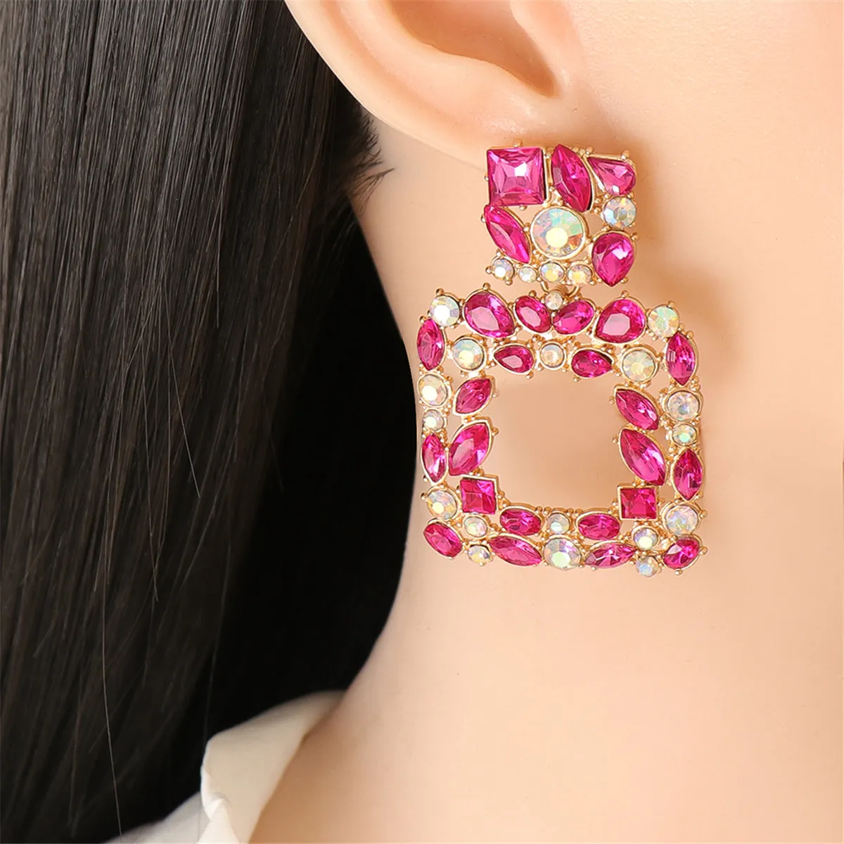 Pink Crystal & Cubic Zirconia Open Square Drop Earrings
