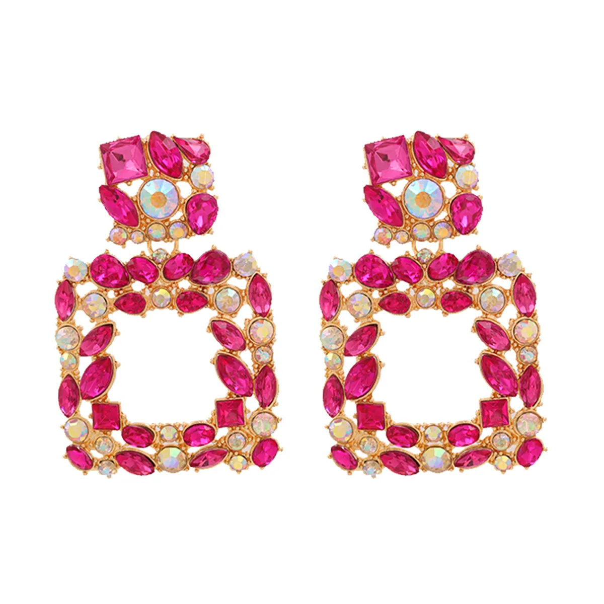 Pink Crystal & Cubic Zirconia Open Square Drop Earrings