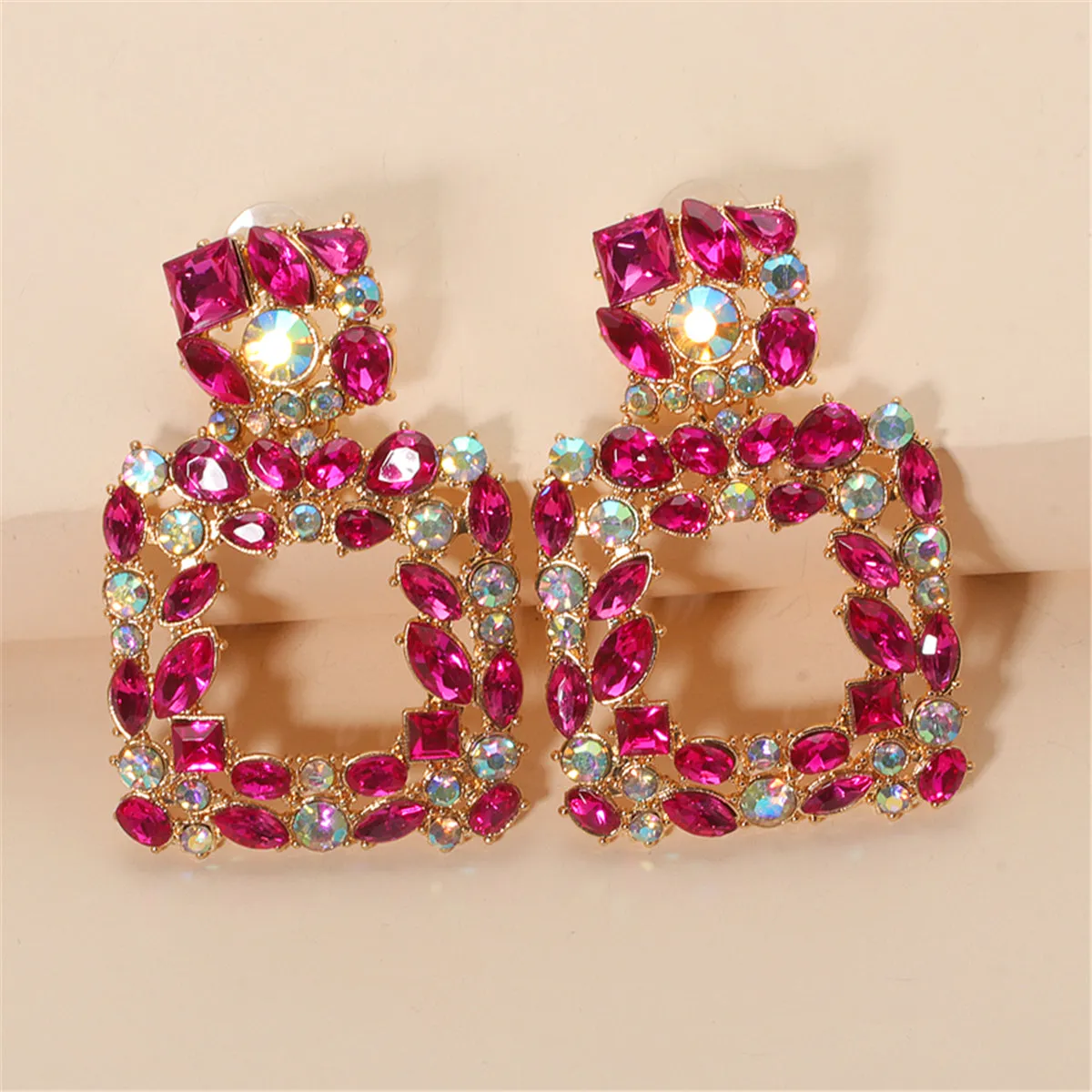 Pink Crystal & Cubic Zirconia Open Square Drop Earrings