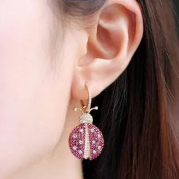 Pink Diamond Ladybird Shape Asymmetric Earrings